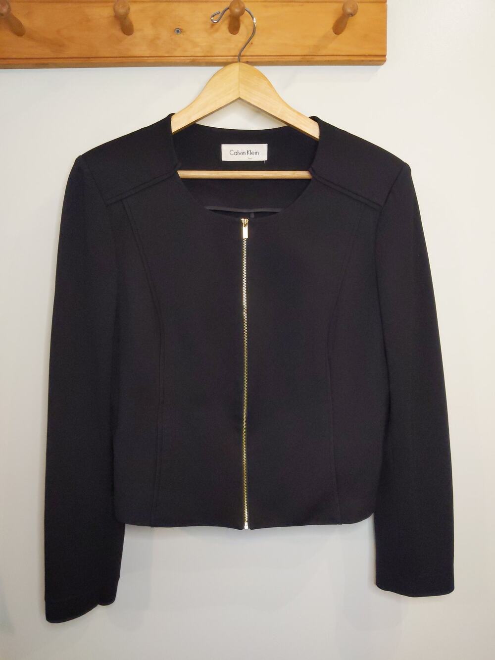 Calvin Klein Black Full Zip Blazer Jacket Women's Gold Zipper Structured Crop S